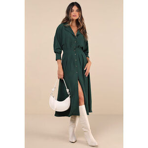 Lulus Timeless Class Dark Green Collared Button-up Pleated Midi Dress - Size XL